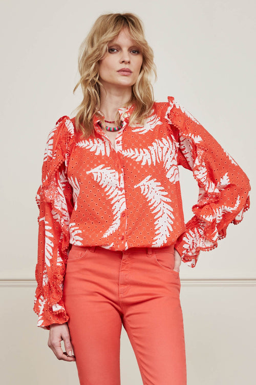 Josie Broderie Blouse | Hot Coral/Cream Whit