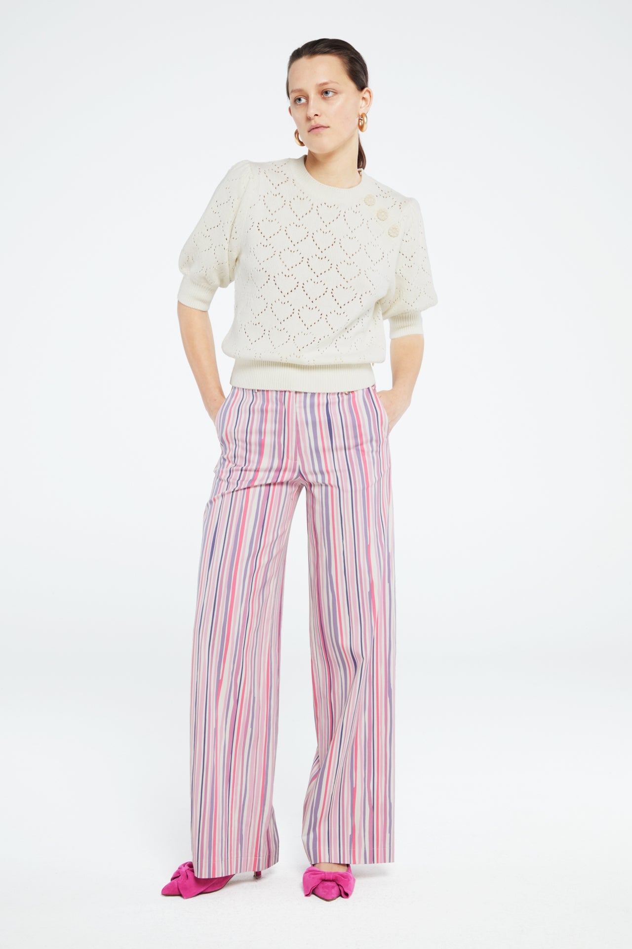 City Wide Stripe Trousers | Cream White/Pink Can