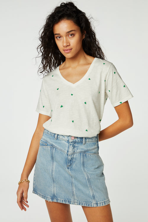 Phil V-Neck Green Heart T-Shirt | Cream White