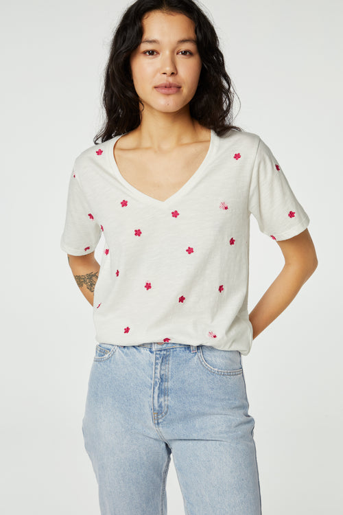 Phil V-Neck Pink Flower T-Shirt | Cream White/Pink