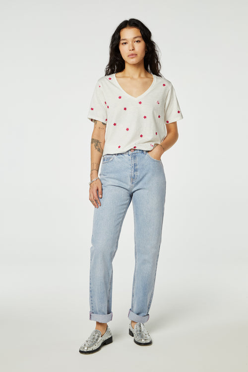 Phil V-Neck Pink Flower T-Shirt | Cream White/Pink